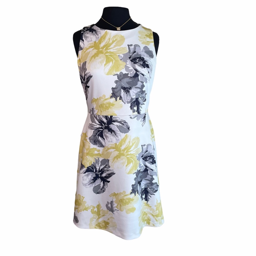 Tahari ASL Levine White Black Yellow Floral Sheath Dress